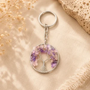 Amethyst Tree of Life Keychain – Natural Crystal Healing Keyring