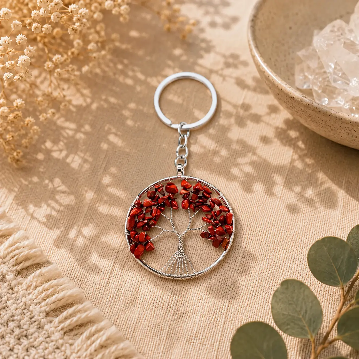 Natural Jasper Tree of Life Keychain – Healing Crystal Keyring
