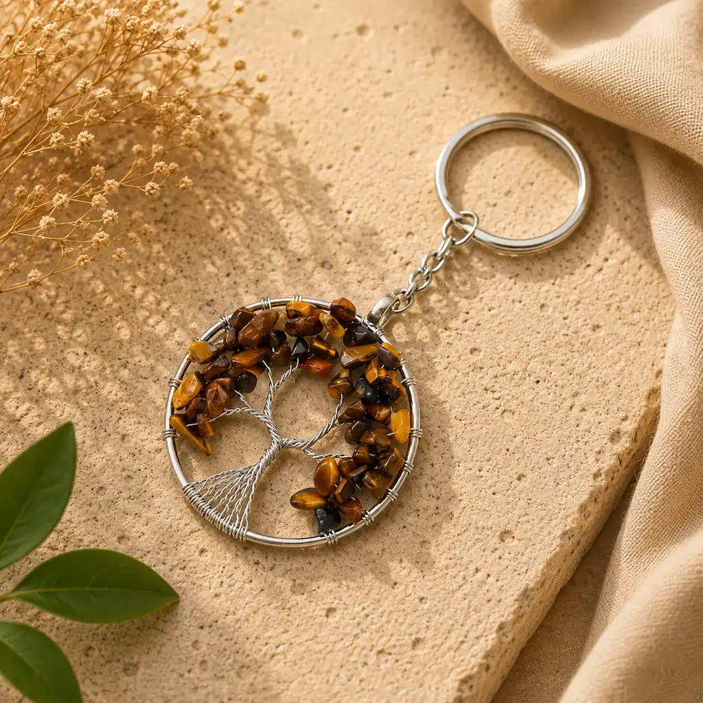 Tiger’s Eye Tree of Life Keychain – Genuine Gemstone Keychain