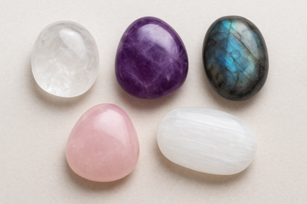 Crystal Healing Set – Clear Quartz, Amethyst, Labradorite, Rose Quartz & Selenite Tumbled Stones