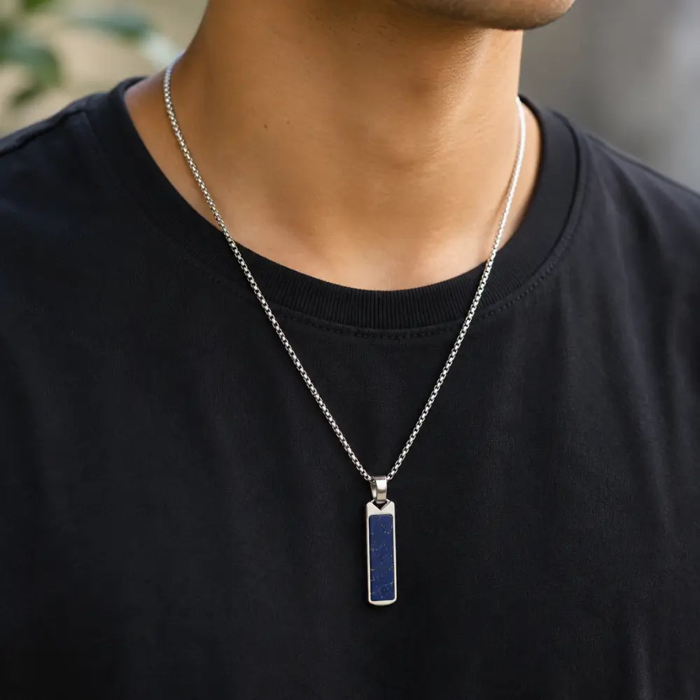 Men’s Lapis Lazuli Bar Pendant Necklace – Stainless Steel Natural Stone Jewelry Gift - Image 3